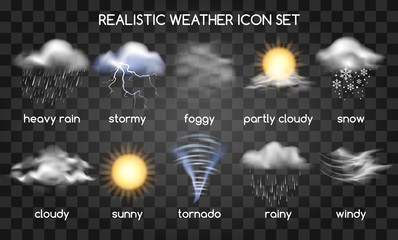realistic weather icons set isolated on transparent background. vector set with type of weather