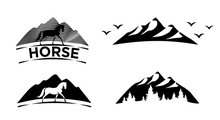 Set Of Black Icons. Horse, Mountain, Forest