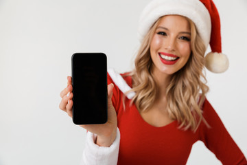 Poster - Emotional excited young cute snow maiden showing display of mobile phone isolated.