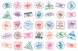Set of travel visa stamps for passports. International and immigration office stamps. Arrival and departure visa stamps