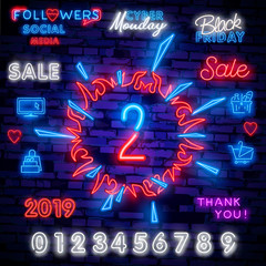 Number two symbol neon sign vector. Second, Number two template neon icon, light banner, neon signboard, nightly bright advertising, light inscription. Vector illustration