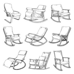 Wall Mural - Set with rocking chairs isolated on white background. Sketch a comfortable chair.