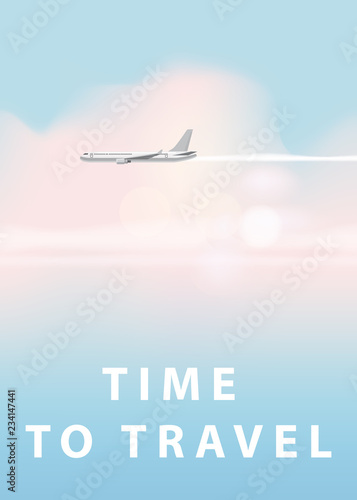 Flying Plane And Cloud On Blue Sky Background Concept Design