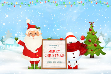 Merry Christmas. Happy new year. Funny Santa Claus with snowman holds wooden message board in Christmas snow scene winter landscape with falling snow, garlands. Happy Santa Claus cartoon character.