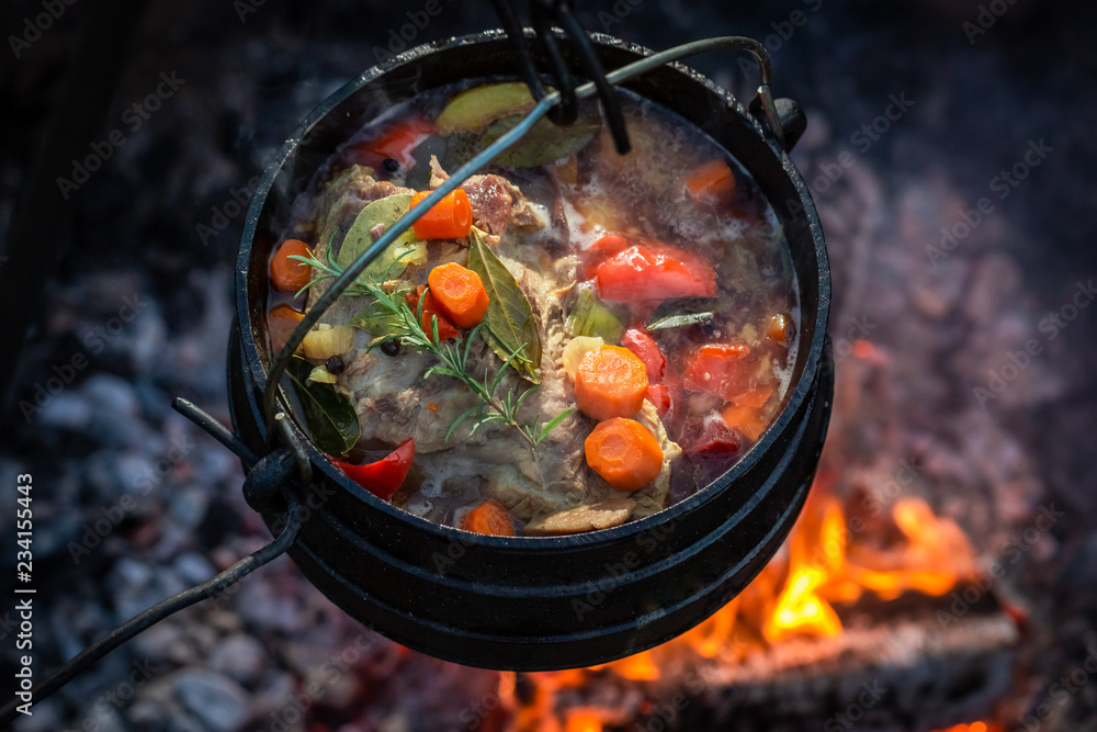 Tasty and homemade hunter's stew with vegetables and herbs - obrazy, fototapety, plakaty 