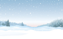 Christmas Snowfall Background. Snow Winter Landscape. Merry Christmas Skyline.