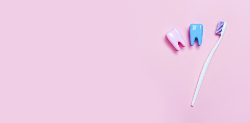 Wall Mural - Toothbrush and big tooth on blue and pink background. Teeth care minimalism concept.