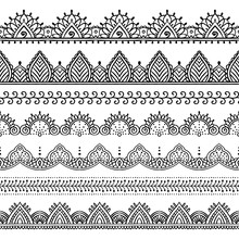 Seamless Lace Borders Set. Design Elements Can Be Used For Application Of Henna Tattoo, Washi Tapes, Wrapping Paper. Ethnic Pattern In Mehndi, Indian, Oriental Style. Hand Drawn Doodle Illustration.