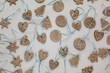 Flat lay, Christmas tree pendants on a white background. Gingerbread cookies in shapes of heart, circle, star and christmas tree