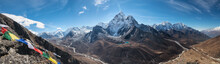 Panoramic View Of  Great Himalayan Range.  Mount Ama Dablam In The Middle. Nepal, Everest Area.