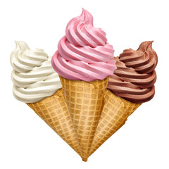 Wall Mural - Strawberry, vanilla and chocolate soft ice creams or frozen yogurt in cone isolated on white background