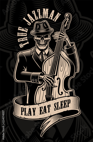 Fotografie, Tablou Vintage illustration of skull musician with double bass