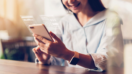 Women using a smartphone in the display and technology advances in stores. Take your screen to put on advertising.