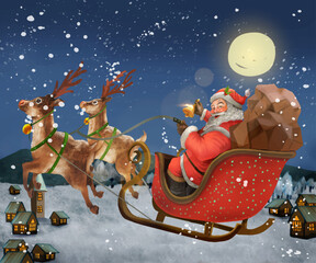 Hand drawn Santa Claus riding a sleigh delivering presents