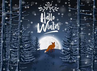 Happy Winter with evening Forest Landscape and fox animal