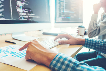 Wall Mural - developing programmer team development website design and coding technologies working in software co