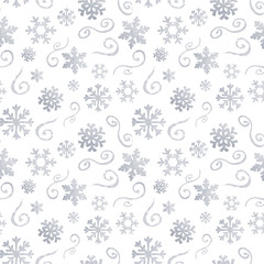 Winter Christmas pattern with white and silver silhouettes of snowflakes, berries, leaves, branches, snowman, trees. Texture for new year wallpapers, scrapbook, invitations, packaging, textiles, fabri