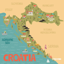 Illustration Map Of Croatia With City, Landmarks And Nature. Editable Vector Illustration