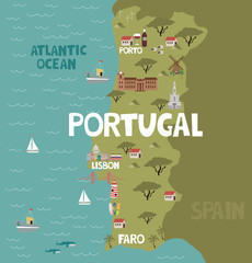 Illustration map of Portugal with city, landmarks and nature. Editable vector illustration