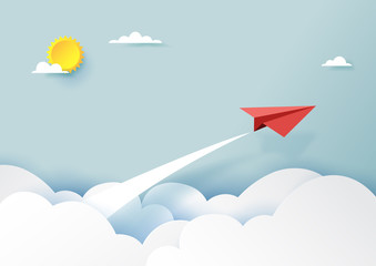Wall Mural - red paper airplanes flying on blue sky and cloud.paper art style of business success and leadership 