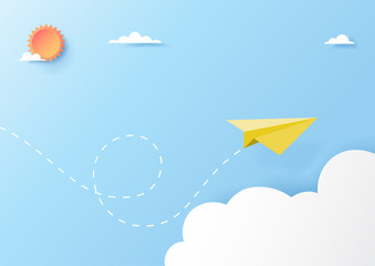 Wall Mural - yellow paper airplane flying on clouds and blue sky paper art style.vector illustration.