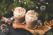 Two cups of hot chocolate with whipped cream and cinnamon on wooden serving board surrounded with fir tree, Christmas lights, cinnamon and pine cones. Cozy Christmas Drink