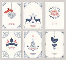 Ornate Vertical Winter Holidays Greeting Cards With New Year Tree, Reindeers, Christmas Ornaments, Dove, Swirl Frames And Typographic Design. 