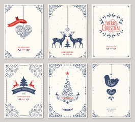 Wall Mural - ornate vertical winter holidays greeting cards with new year tree, reindeers, christmas ornaments, d