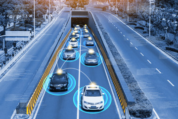 Smart car (HUD) , Autonomous self-driving mode vehicle on metro city road iot concept with graphic sensor radar signal system and internet sensor connect.