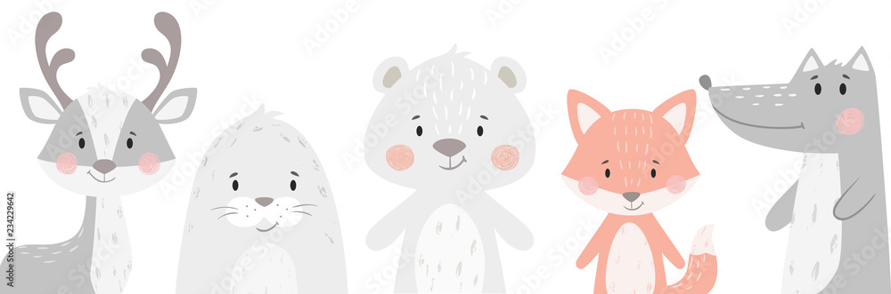 Reindeer, raccoon, seal, wolf, penguin, bear, fox baby winter set. Cute animal illustration - obrazy, fototapety, plakaty 