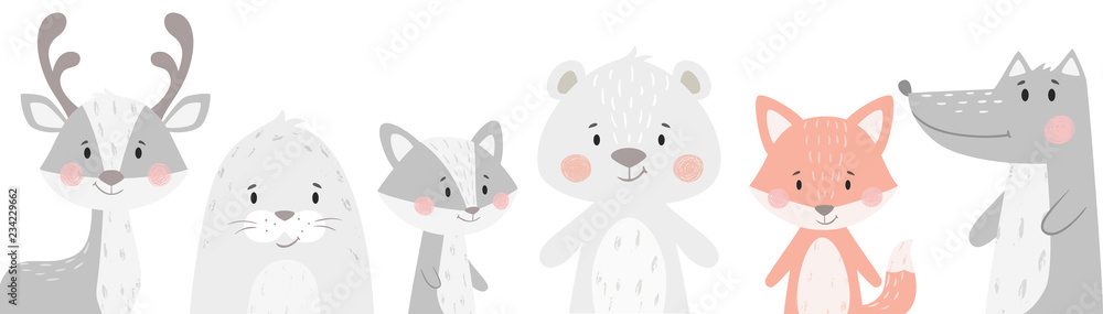 Reindeer, raccoon, seal, wolf, penguin, bear, fox baby winter set. Cute animal illustration - obrazy, fototapety, plakaty 