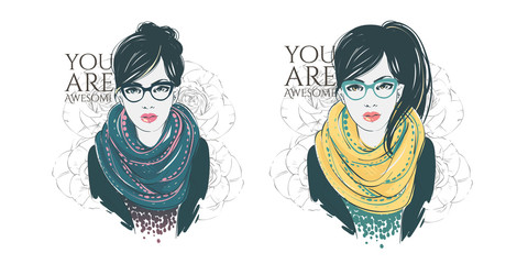 Beautiful hipster young women in a fashion jacket with scarf and glasses. Vector hand drawn illustration.