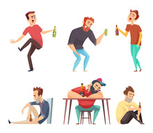 Addiction Alcoholic. Addict Peoples Alcoholism And Drugs Drinking Person Beer Vodka Whiskey Abuse Vector Characters Isolated. Alcoholic Man Addict, Person With Drink Illustration