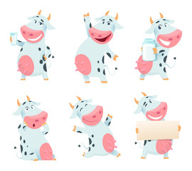 Wall Mural - Milk cow animal. Cartoon farm character eating and posing cows mascots isolated. Illustration of farm animal cow cartoon, domestic character farming