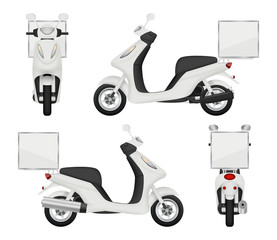 Poster - Moto bike realistic. Views of scooter for delivery service auto top side back vector 3d transport isolated. Scooter urban transport, speed drive transportation illustration