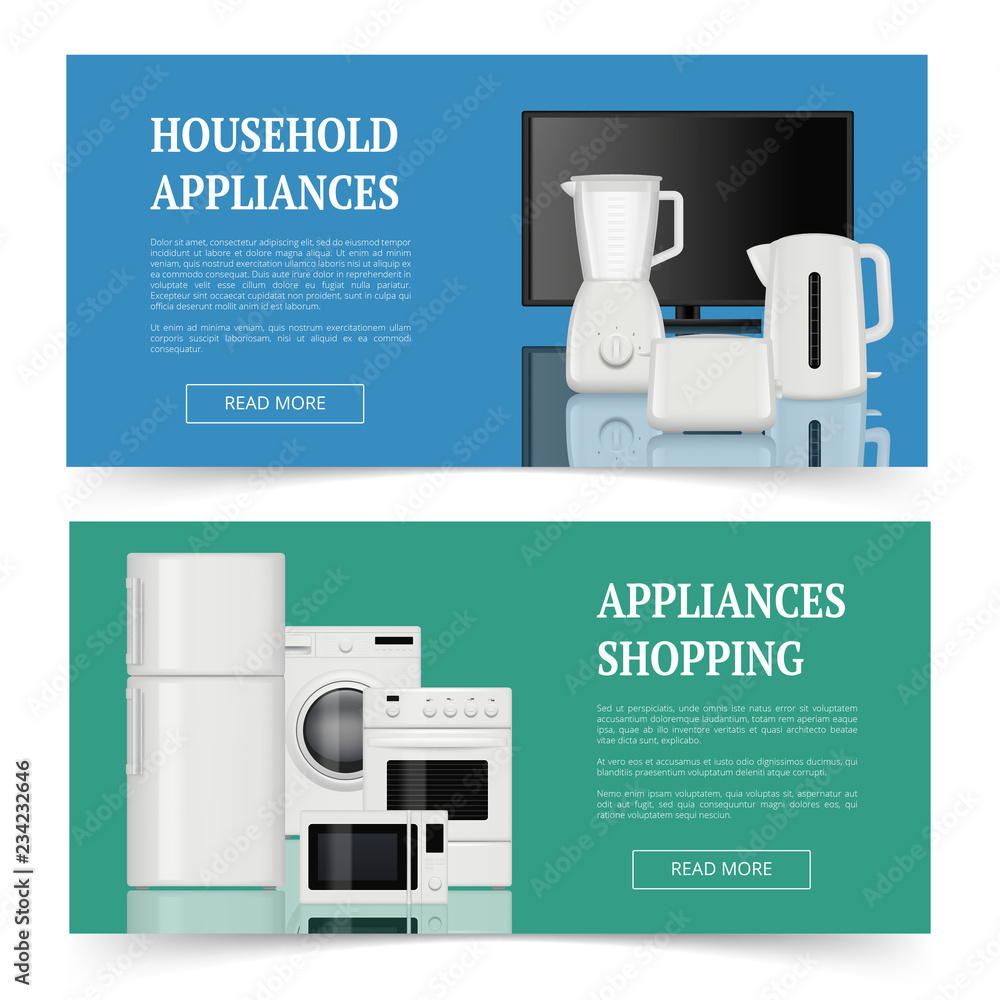 Appliances shopping. Advertising of electrical home household equipment  kitchen items vector realistic banners template. Household equipment,  microwave and appliance device illustration Stock Vector | Adobe Stock, image size:1000x1000