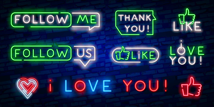Follow me neon sign on the brick wall with hearts and speech bubble. Realistic neon effect for social networks and for follow new subscribers. Vector illustration for print or web ads.