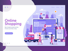 Online Shopping Landing Page With Customers Buying And Making Order. E-commerce Advertising Web Banner With People Shopping On The Internet. Digital Store Concept UI Illustration In Flat Design.