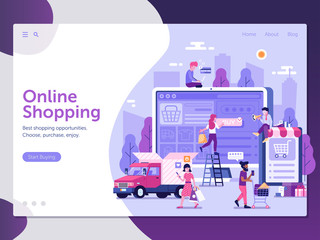 Wall Mural - Online shopping landing page with customers buying and making order. E-commerce advertising web banner with people shopping on the internet. Digital store concept UI illustration in flat design.