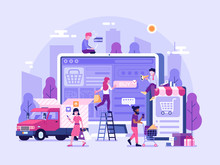 People Shopping Online Concept With Happy Customers Buying And Making Payments With Smartphones. Internet Digital Store Banner With Man And Woman On Shopping. E-commerce Advertising Illustration.