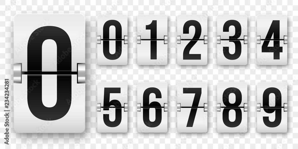 Countdown numbers flip counter. Vector isolated 0 to 9 retro style flip clock or scoreboard mechanical numbers set black on white - obrazy, fototapety, plakaty 