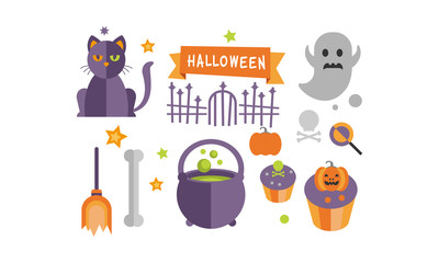 Poster - Halloween icons set, cat, ghost, cupcakes, cauldron with potion vector Illustration on a white background