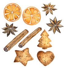 Watercolor Set Of Spices And Sweets For Christmas Decoration