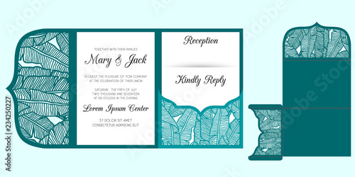 Laser Cut Wedding Trifold Envelope Template Vector Wedding Invitation Or Greeting Card With Tropical Pattern Of Banana Leaves Suitable For Greeting Cards Invitations Menus Buy This Stock Vector And Explore Similar