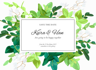 Poster - Floral wedding invitation or save the date card with green leaves, succulents, eucalyptus and white may flowers. Vector illustration.