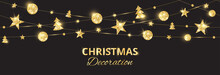 Christmas Golden Decoration On Black Background. Holiday Vector Frame, Border.