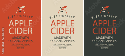 Fotomural Vector set of three labels of different colors for Apple cider with apple