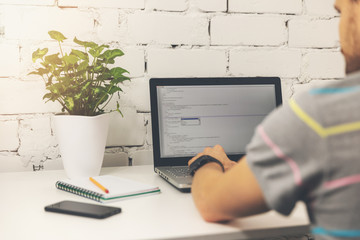 Wall Mural - programmer writing programming code on laptop in bright office