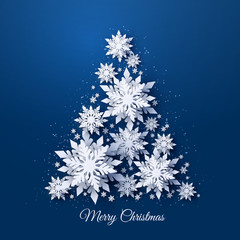 Vector Christmas and Happy New Year holidays greeting card with Christmas tree made of white realistic 3d paper cut layered snowflakes on dark blue background