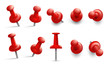 Push pin in different angles. Red thumbtack for attachment. Pushpins with metal needle and red head isolated vector set. Pushpin needle, red attach thumbtack illustration